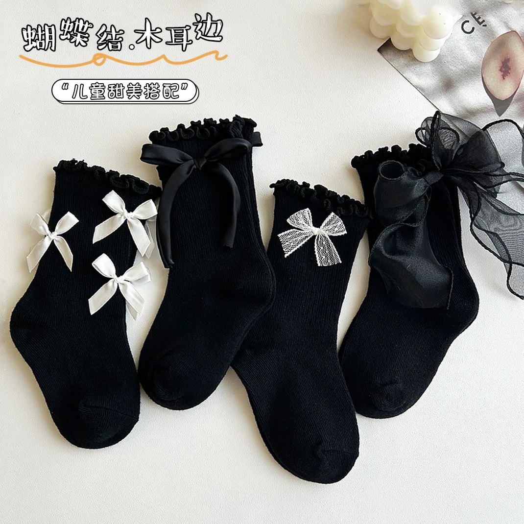女童蝴蝶结袜子春秋款棉袜儿童木耳花边公主袜配小皮鞋黑色中筒袜