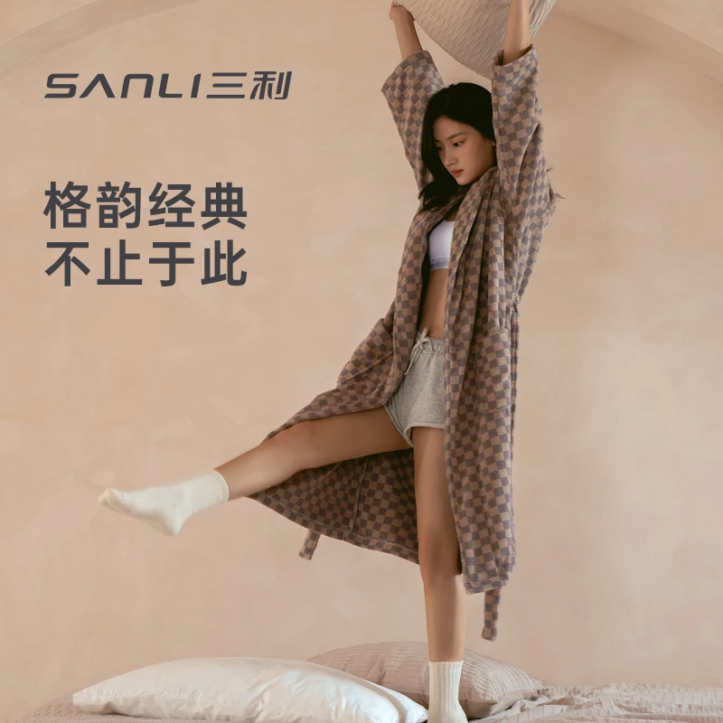 三利棋盘格浴袍吸水速干男女冬加厚纯棉抗菌浴衣情侣睡袍长款家用