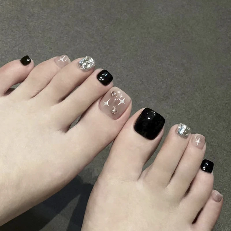 夏季ins气质显白黑色星星带钻穿戴美甲脚趾甲持久假指甲贴片F-033
