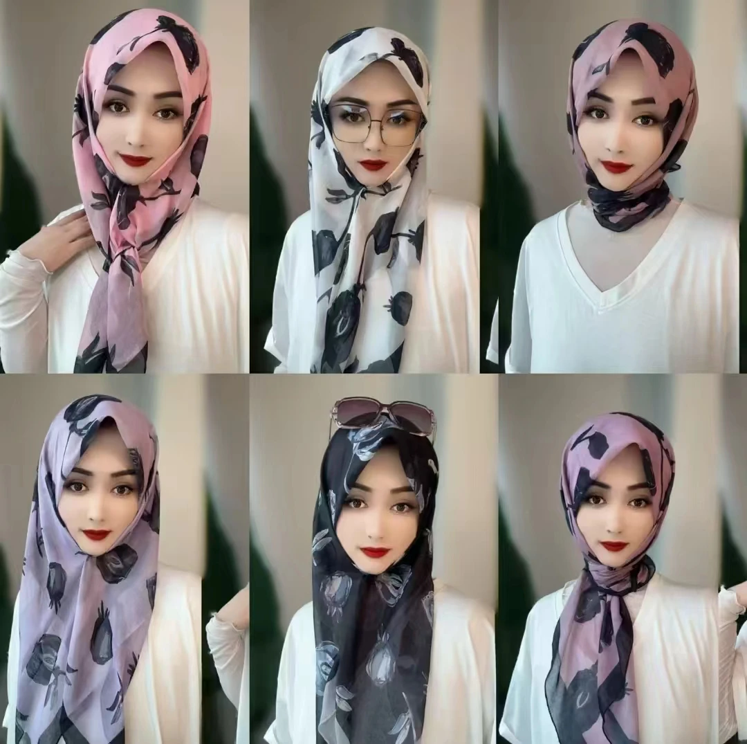 夏季新款郁金香印花纱巾真丝时尚休闲百搭洋气