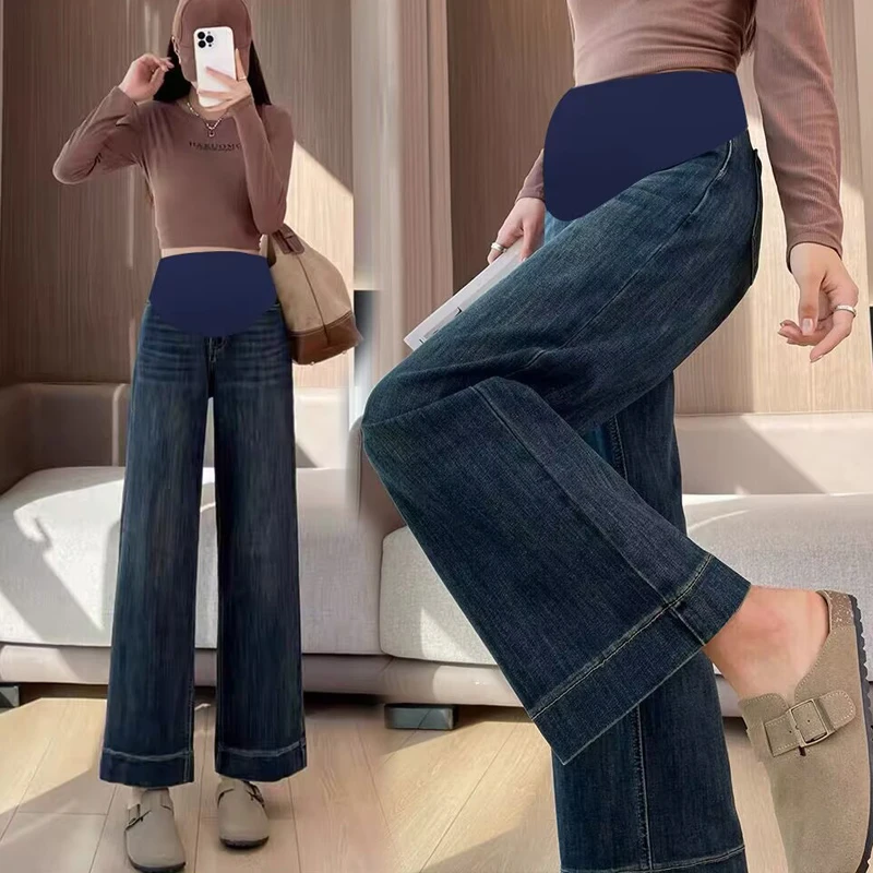孕妇阔腿牛仔裤孕期秋装高腰托腹外穿时尚显瘦宽松高弹力长裤子潮