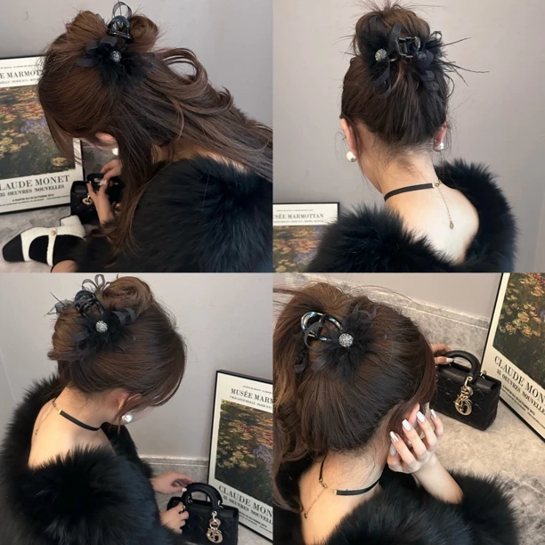 黑天鹅羽毛ab面抓夹高级气质后脑勺抓夹温柔氛围感抓夹