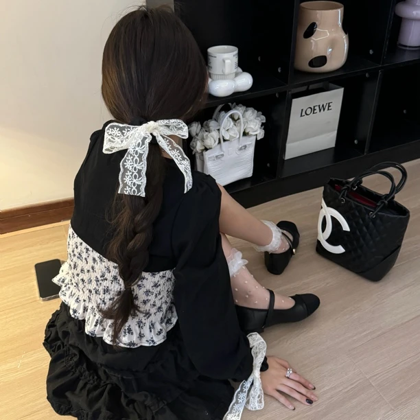 SWW芭蕾少女宫廷风气质蕾丝蝴蝶结飘带发圈月落乌啼霜满天