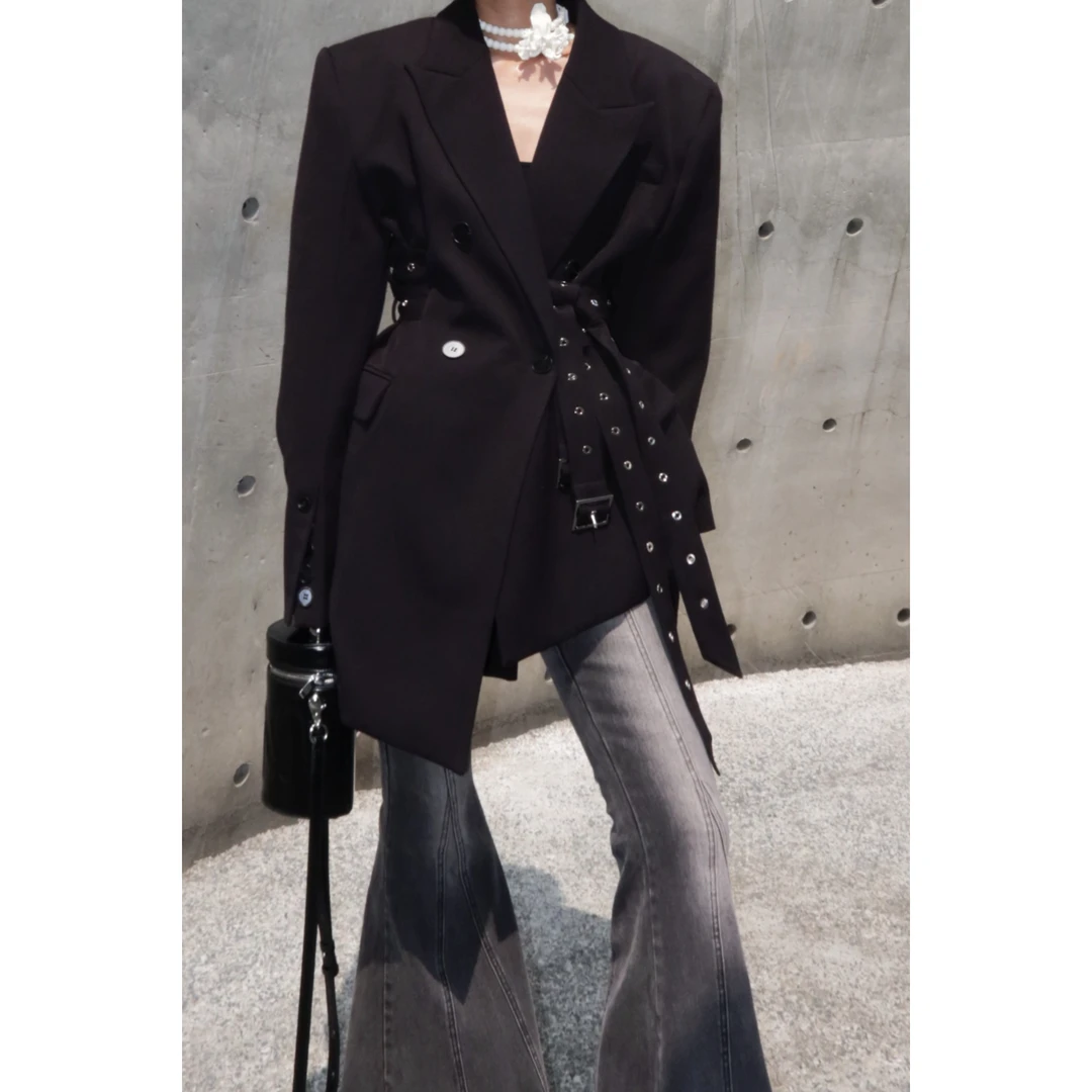 收腰显瘦长款腰带西装