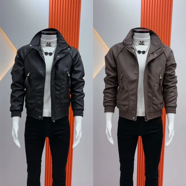 时尚潮流工装皮夹克外套韩版修身个性痞帅加绒保暖皮衣潮男立领款