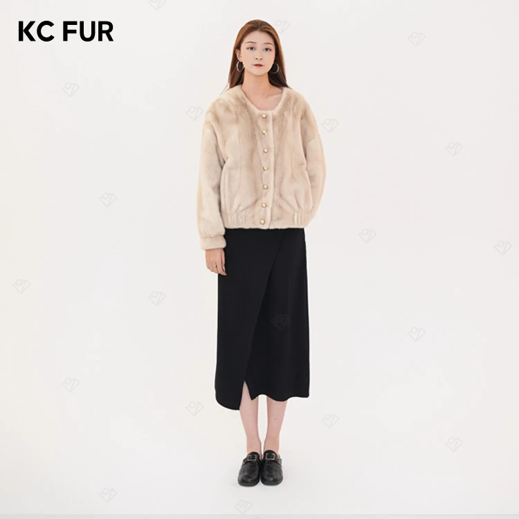 【K77】KC皮草[Q063687]2024新款水貂米黄圆领灯笼袖衣长58CM