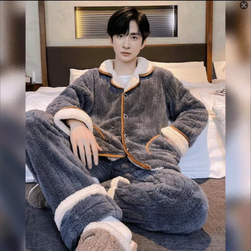 男士秋冬加绒加厚保暖家居服两件套