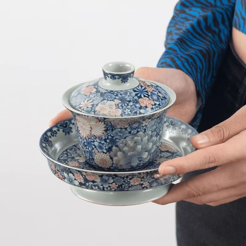 ZH2154-汝窑繁花似锦三才盖碗+2个汝窑繁花似锦品茗杯