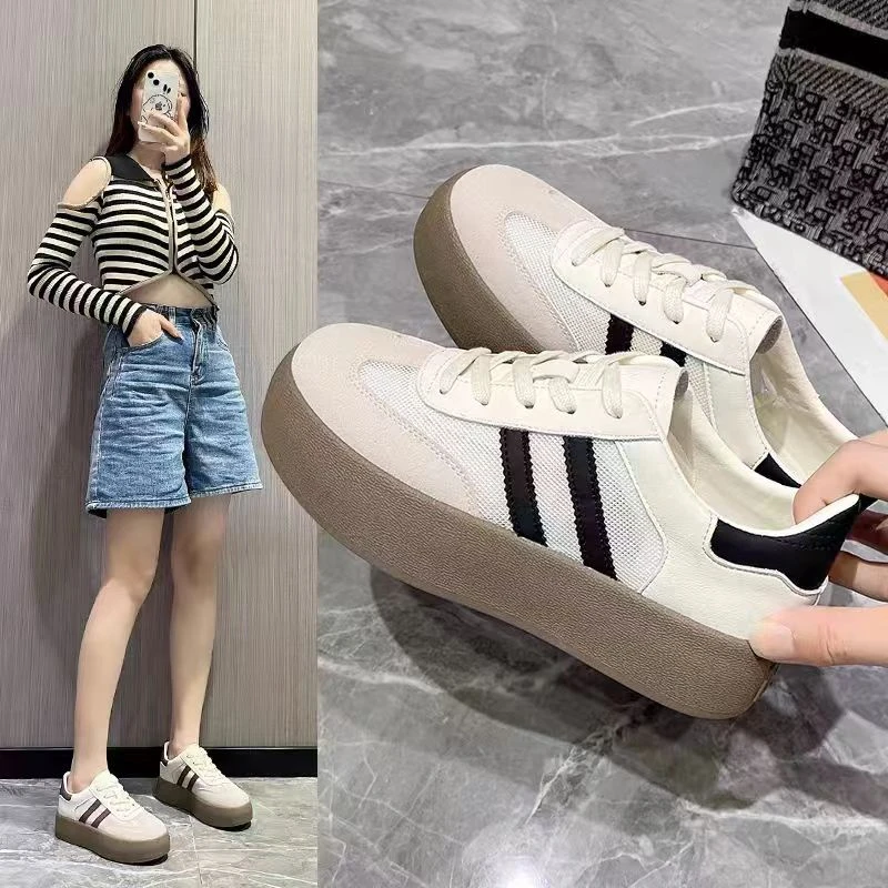 板鞋女2024新款两条杠舒适防滑耐磨休闲鞋子厚底小白鞋6689网面