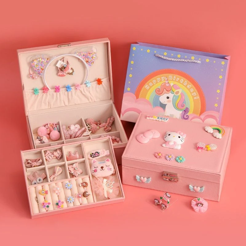 Hello Kitty首饰盒发夹收纳盒KT猫双层PU发卡盒公主可爱女孩礼物