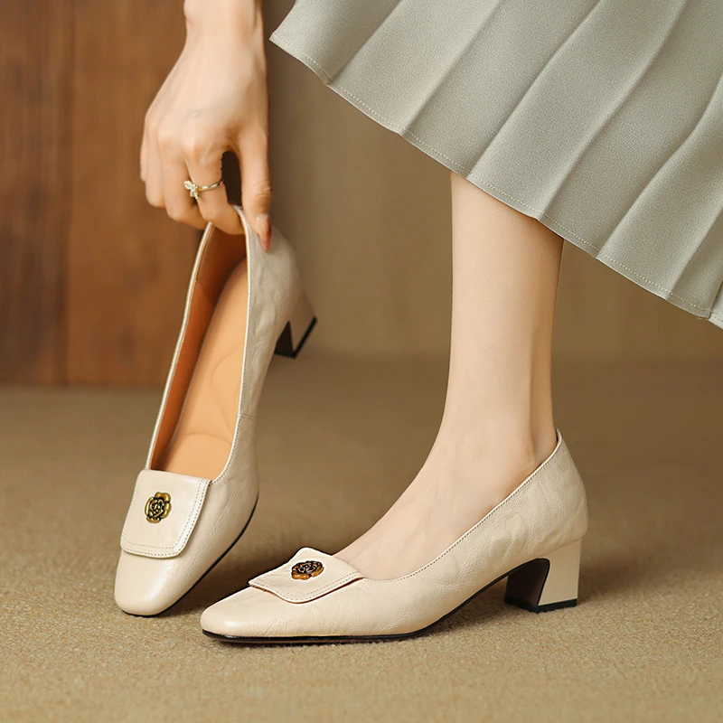【软羊皮】跟高4.5cm 春秋百搭粗跟方头山茶花浅口单鞋舒适真皮女鞋