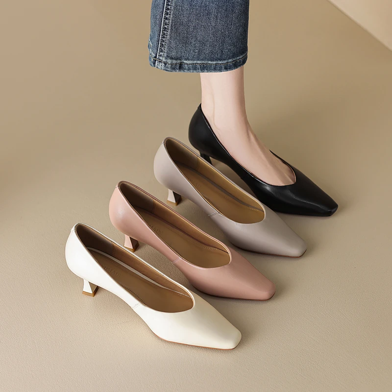 【软羊皮工作鞋】跟5cm 方头细跟高跟单鞋女 百搭通勤工作鞋真皮