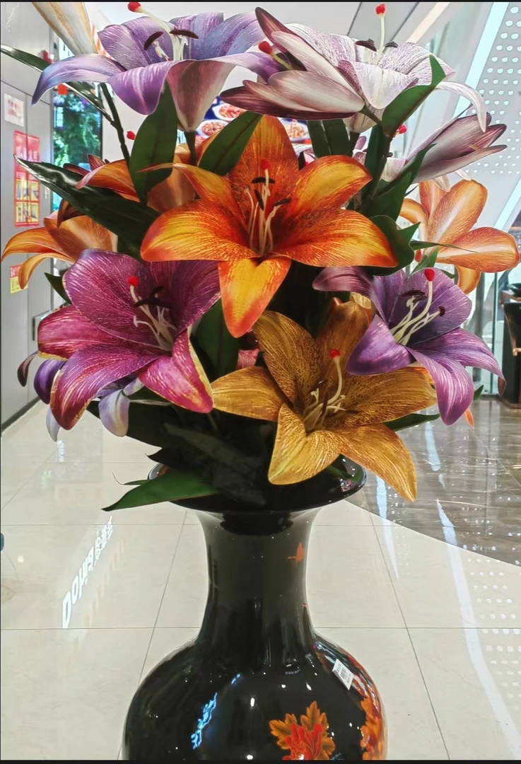 高档3D秋5头百合花束仿真花假花装饰花卉摆设客厅高端摆花新款餐