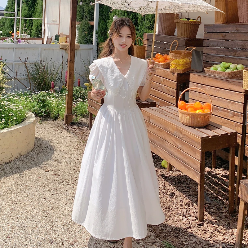 法式初恋娃娃领连衣裙女2025夏季新款时尚减龄收腰显瘦V领长裙子