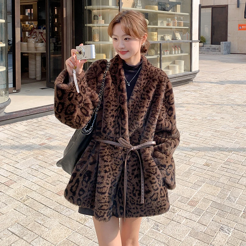 小个子豹纹毛毛外套女2024冬季新款高级感休闲系带气质毛茸茸大衣