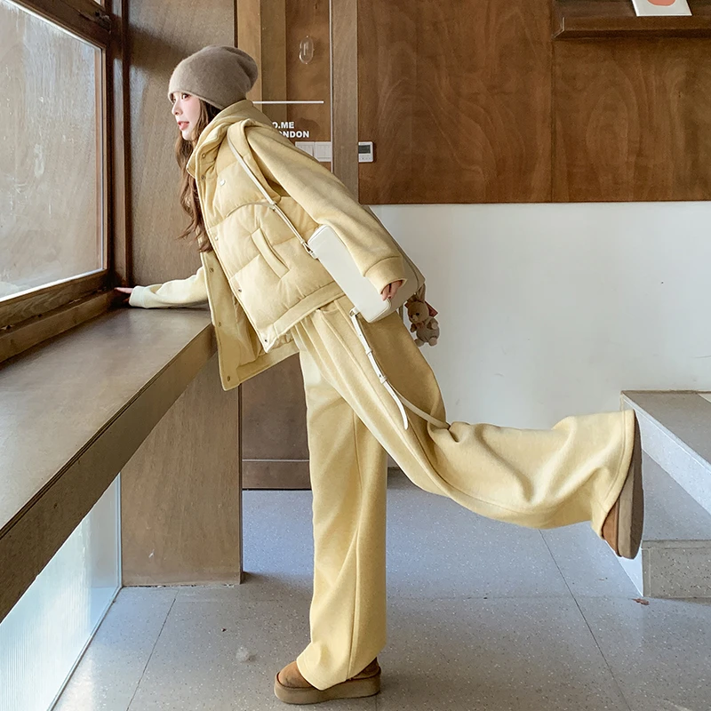 黄色盐甜系穿搭马甲绒加厚卫衣长裤休闲三件套女冬新款时尚宽松潮