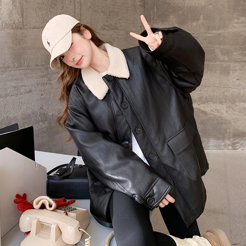 羊羔毛翻领PU皮羽绒服女欧洲站冬装2024新款欧货女装中长款外套潮