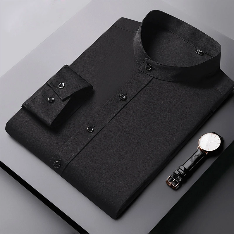 新款潮流中华立领男士长袖短袖衬衫中青年免烫圆领中山衬衣轻奢