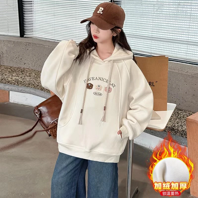 女童加绒卫衣2024新款洋气时尚绣花图案保暖上衣中大童6-12岁冬款