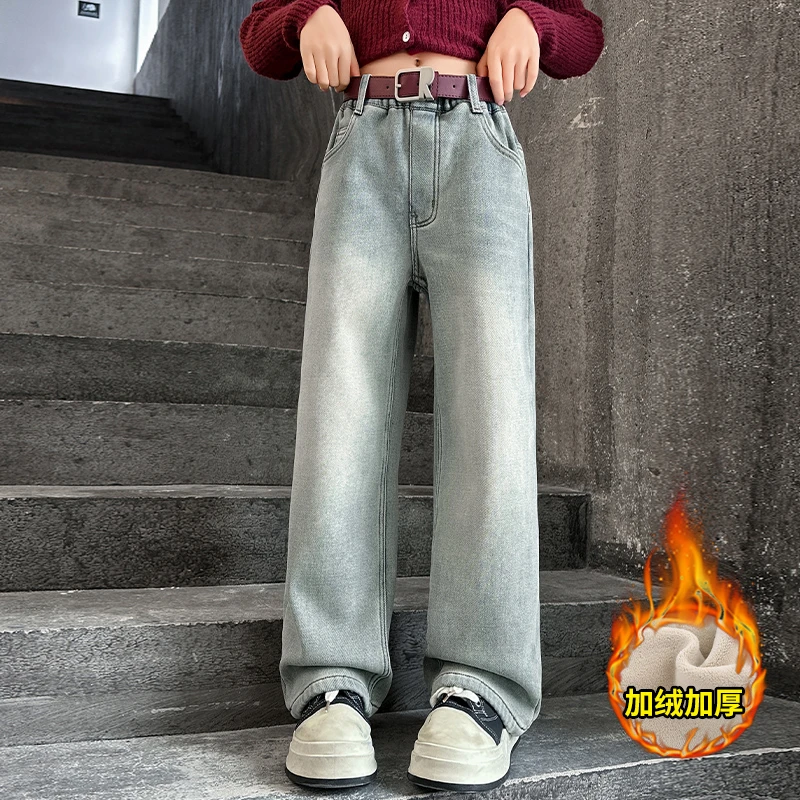 女童加绒牛仔裤2024新款洋气时尚绣花裤子中大童6-12岁女孩裤子潮