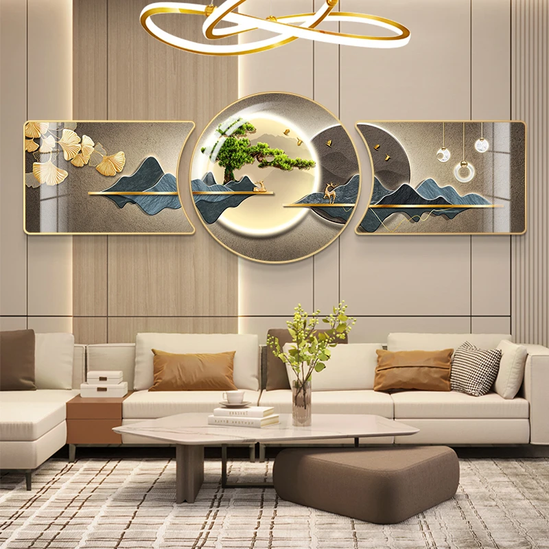 【2025】客厅装饰画迎客松沙发背景墙挂画背有靠山壁画三联画