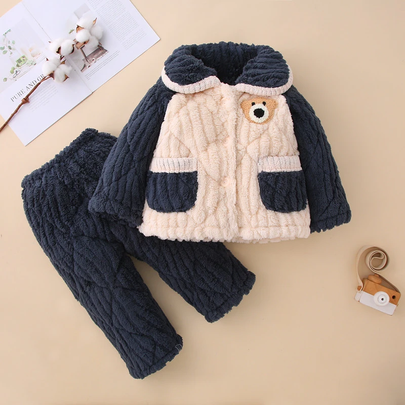 秋冬季加厚儿童睡衣男童女童加绒珊瑚绒小孩家居服宝宝法兰绒套装