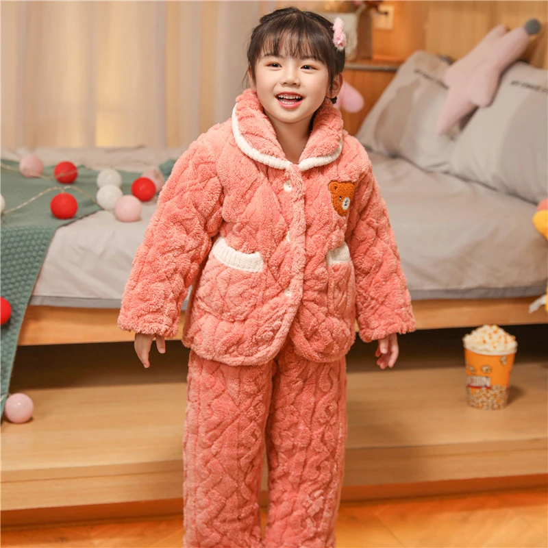 冬季儿童法兰绒睡衣男童男孩加厚款夹棉女童宝宝珊瑚绒家居服套装
