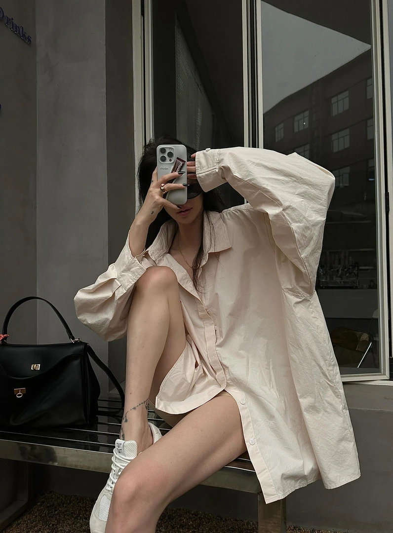 韩系宽松长袖衬衫女夏季新款休闲中长款百搭翻领单排扣防晒衬衣潮
