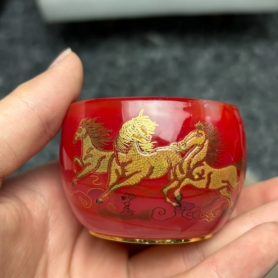 八骏图中国红琉璃高端陶瓷主人杯茶杯