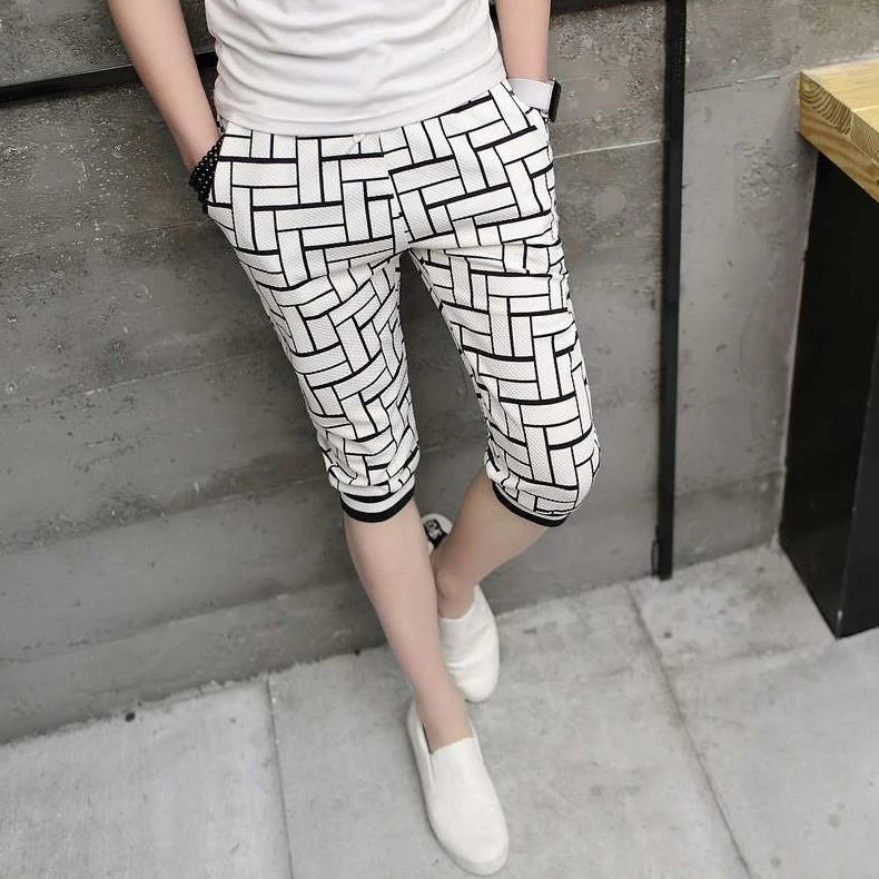 夏季新款高端七分休闲裤男时尚潮流百搭修身格子印花松紧腰束脚裤