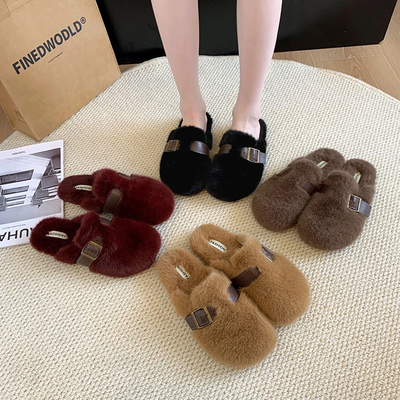 毛毛拖鞋女外穿2024新款秋冬季一脚蹬高级感水貂毛绒包头棉拖鞋