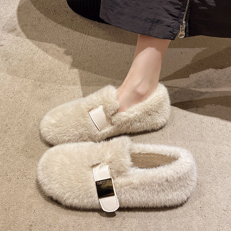 欧货水貂毛高级感毛毛豆豆鞋女外穿2024新款秋冬一脚蹬高级感棉鞋
