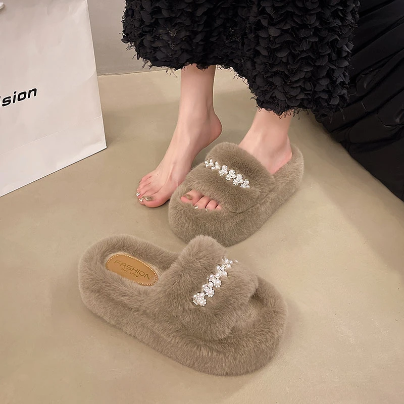 厚底毛毛拖鞋女外穿2024新款秋冬网红水钻一字带增高居家棉拖鞋子