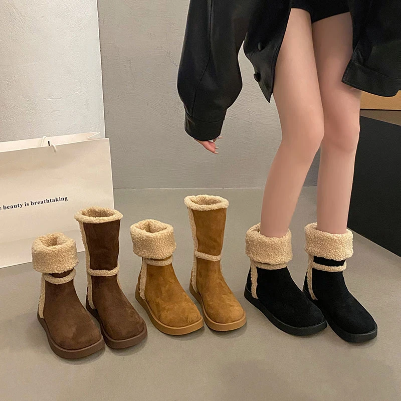 厚底中筒雪地靴女款2025新款冬季两穿毛毛棉靴子加绒加厚保暖棉鞋