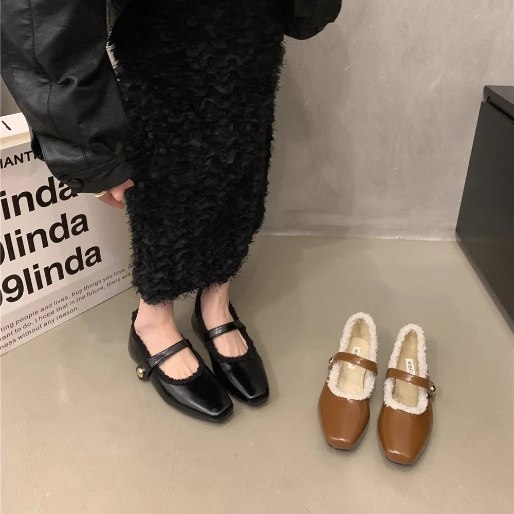 法式晚风复古方头浅口棉鞋女冬2024新款韩版气质平底加绒玛丽珍鞋