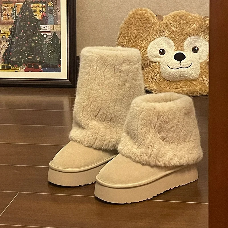原创小众雪地靴女毛绒可爱奶油短筒保暖毛毛靴冬季套筒厚底增高鞋