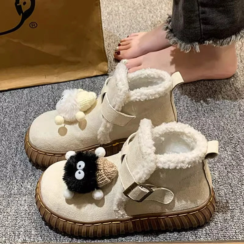 时尚可爱卡通厚底雪地棉靴子女加绒加厚2023年秋冬季新款防滑短靴