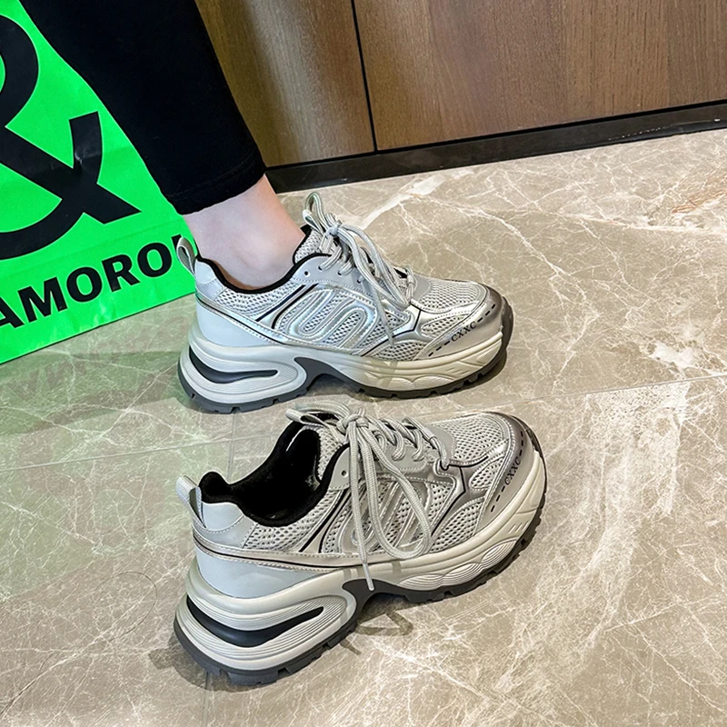 欧货厚底老爹鞋女2024年春季新款韩版百搭透气休闲网面运动跑步鞋