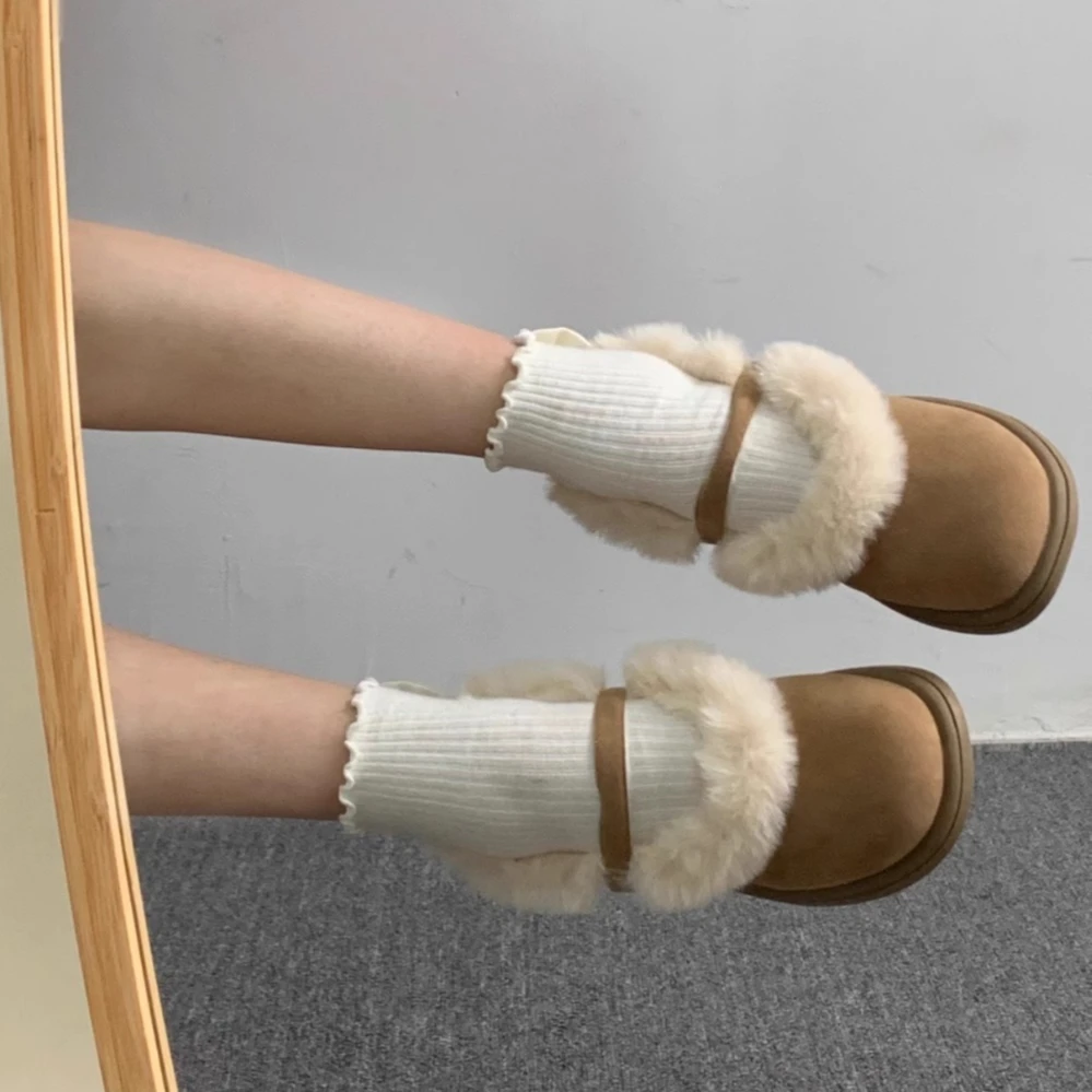 韩国ins可爱加绒保暖玛丽珍鞋女2024冬新款一脚蹬毛毛鞋棉鞋外穿