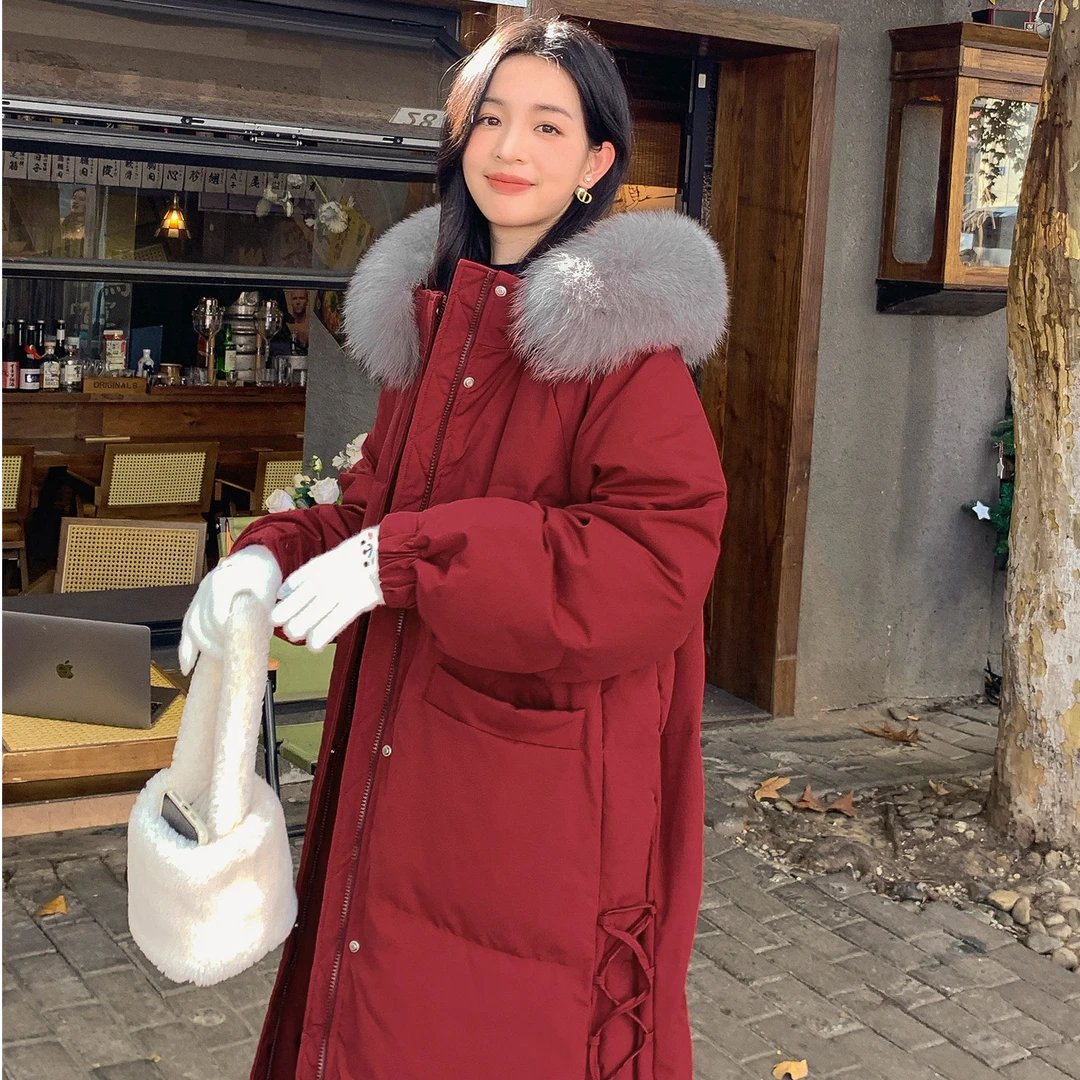 冬季高品质长款羽绒服女款爆款2024新款正品宽松连帽红色羽绒服