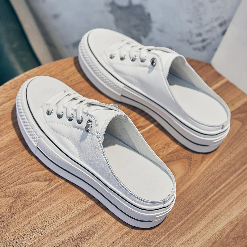 软底包头半拖鞋女2025新款夏季外穿百搭增高厚底真皮一脚蹬小白鞋