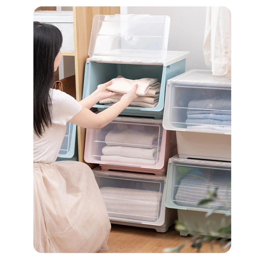 家用前开式收纳箱特大号翻盖玩具整理箱零食收纳柜侧开透明收纳盒