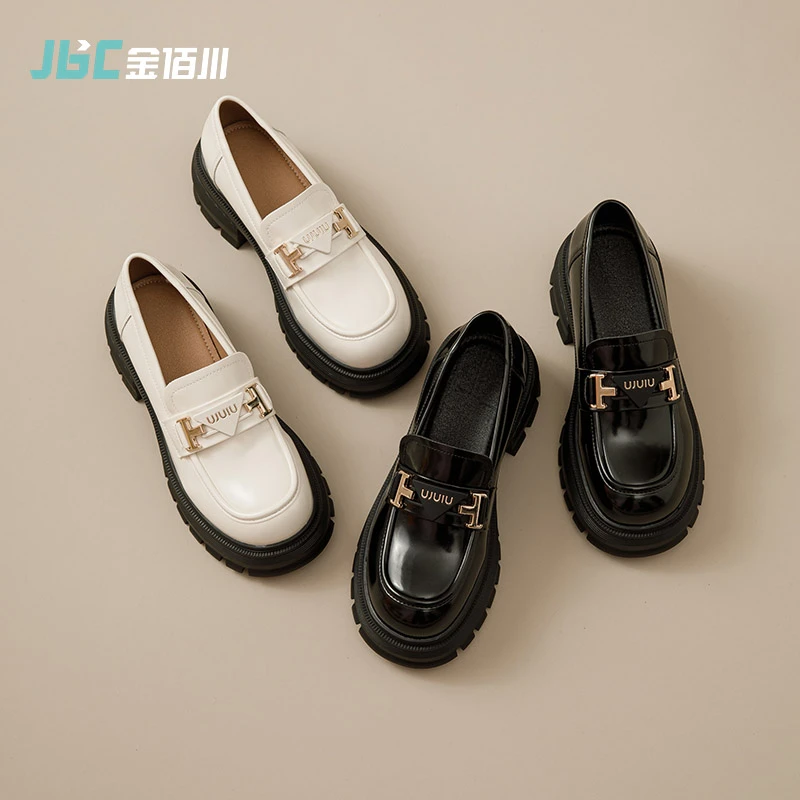 金佰川小皮鞋女新款白鞋子英伦风粗跟厚底单鞋百搭女鞋W3730235