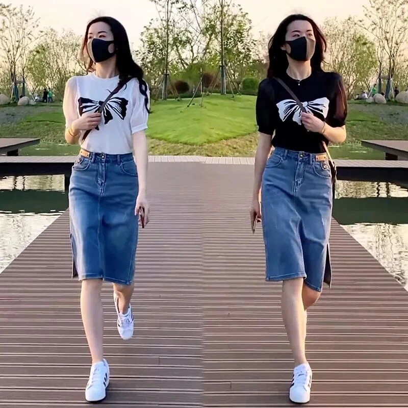 时尚牛仔半身裙套装女夏短袖显瘦休闲梨型身材成套搭配减龄两件套