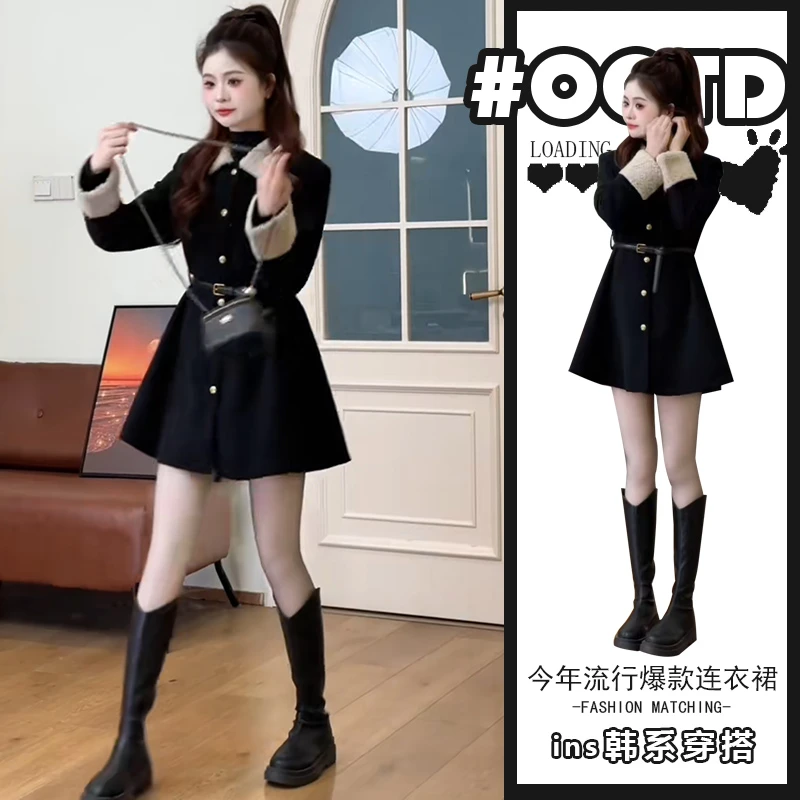 2025春秋新款设计感别致气质显瘦连衣裙女时髦精小个子拼接裙子潮