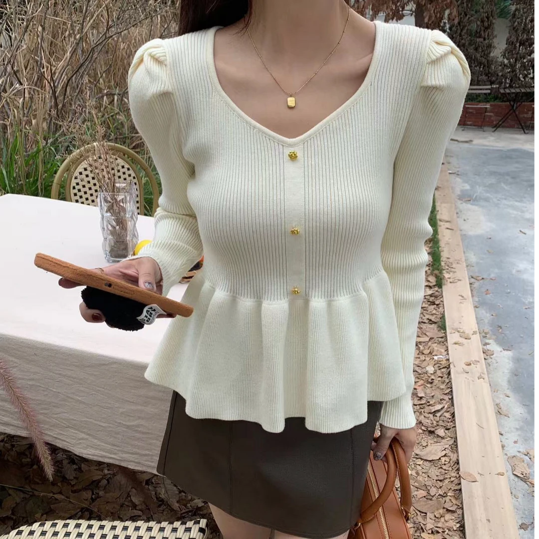打底针织小件2024长袖修身显瘦气质设计感百搭法式小众v领方领