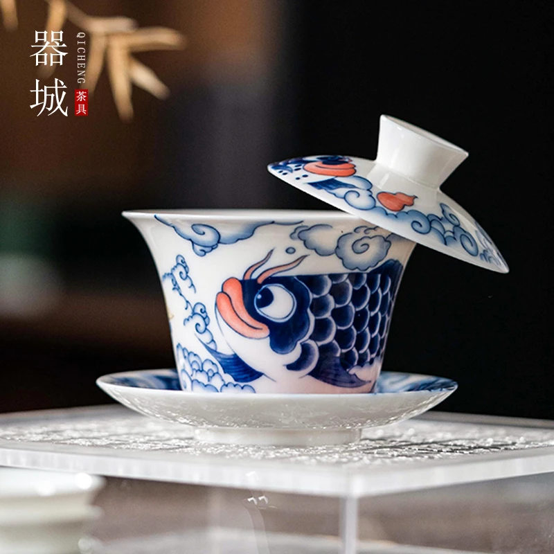 羊脂玉瓷悬停三才盖碗茶杯陶瓷国潮风龙鱼中式功夫茶具锦鲤泡茶碗