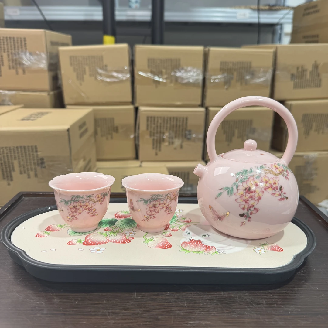 【闪购商品】羊脂玉瓷粉泥手绘极素草提梁壶套组带茶盘MC019