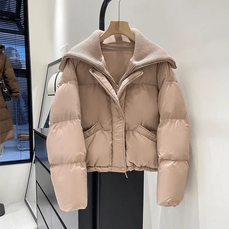 2024冬装新款重工针织大翻领小个子短款羽绒棉服加厚面包服棉衣女