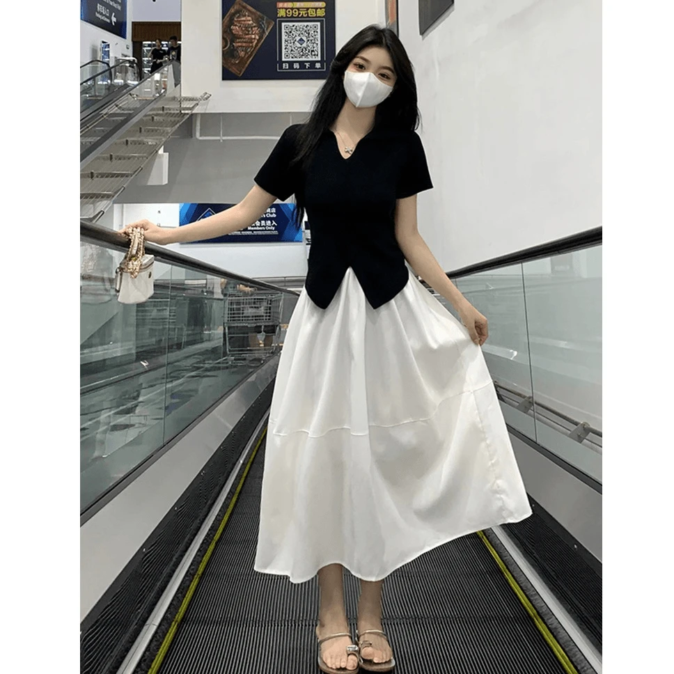 2025夏季搭配一整套微胖显瘦遮肉黑色修身上衣半身裙两件套装女